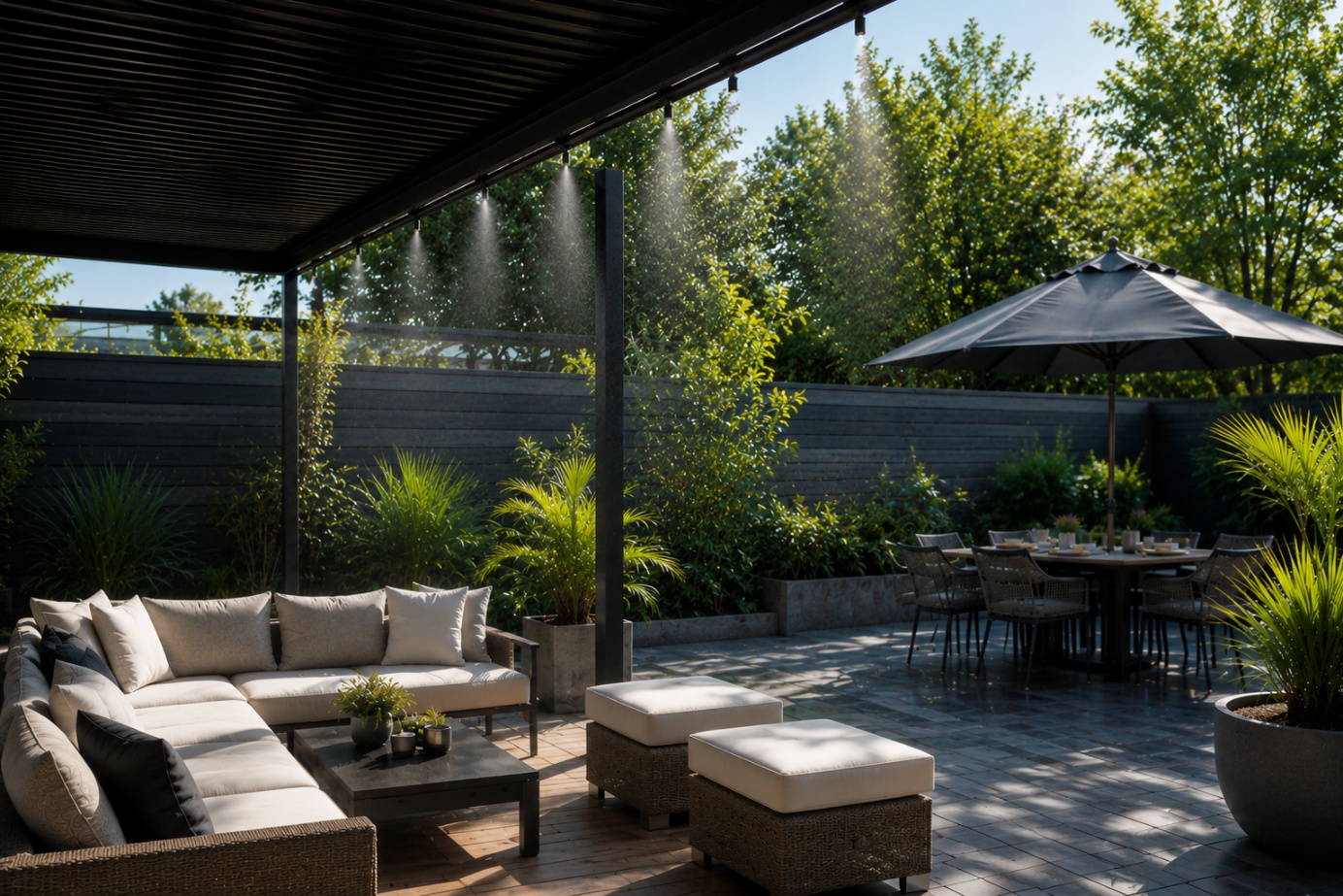 Terrasse extérieure rafraîchie par micro-brumisation haute pression